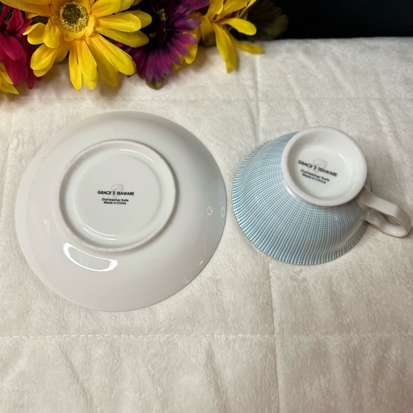 New Grace’s Teaware Tea Cup & Saucer Set For 2 Blue Squared Pattern w/Gold Trim - Picture 9 of 11
